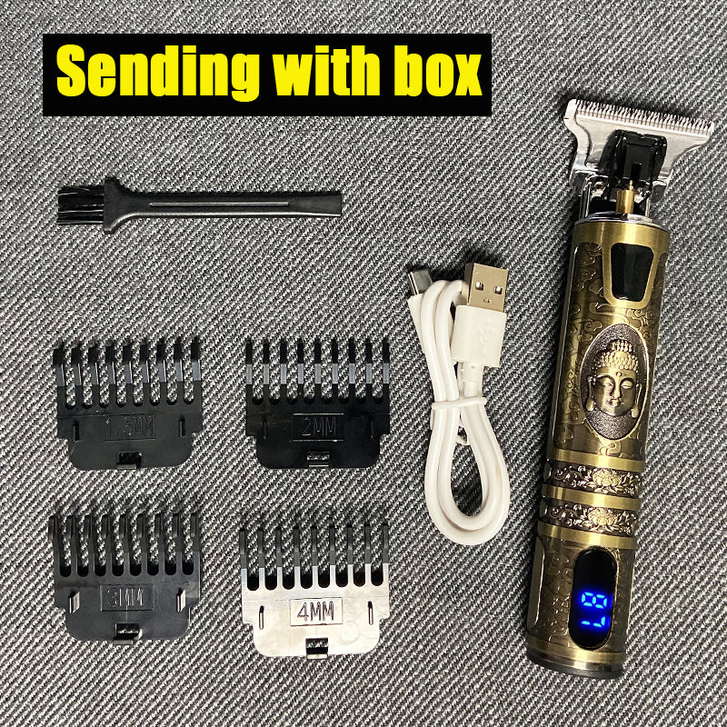 Electric Hair Clipper Oil head Electric hair Clipper LCD Display USB Engraving Buddha Head Retro T9 Scissors Power Generation Push